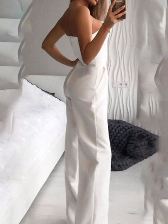 Women's Jumpsuit Clean Fit Wedding High Waist Solid Color Strapless Streetwear Street Going out Regular Fit Sleeveless Red White Summer - LuckyFash™