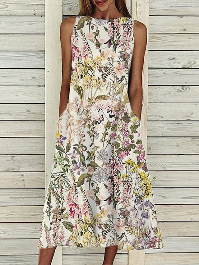 Women's Dress - A Line Dress Midi Dress Sleeveless Floral Pocket Cold Shoulder Print Spring Summer Round Neck Casual Vintage Going out 2023 S M L XL XXL Cotton