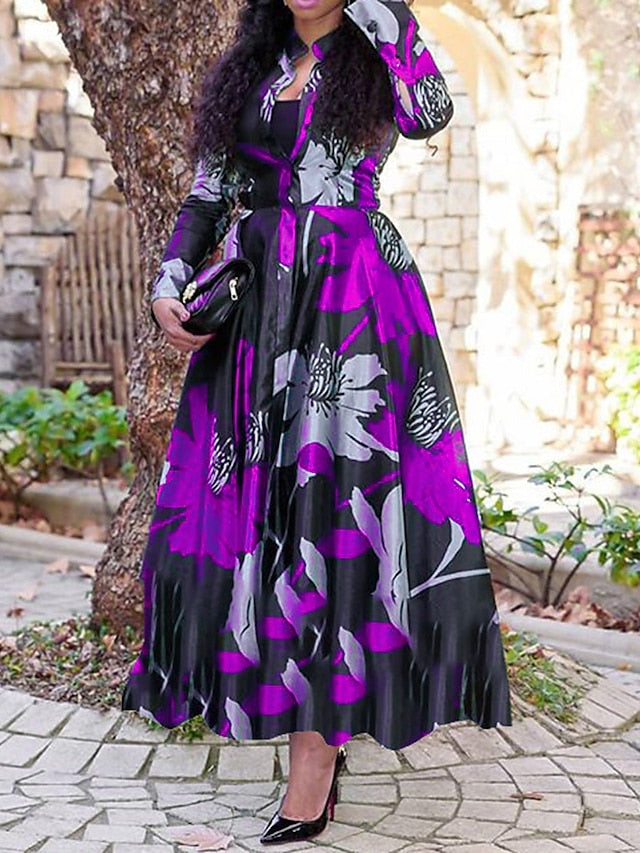 Women's Dress - Shirt Dress Work Dress A Line Dress Long Dress Maxi Dress Red Blue Fuchsia Long Sleeve Floral Print Spring Shirt Collar Elegant Summer Dress Spring Dress 2022 M L XL XXL