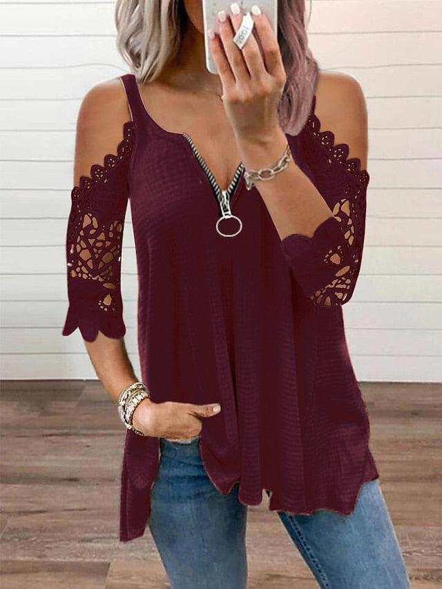 Women's Blouse Lace Zipper Solid Color Lace Basic Standard Summer Black White Pink Red - LuckyFash™