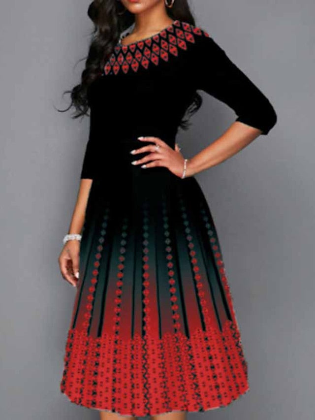 Women's Dress - Work Dress Swing Dress Church Dress Midi Dress Red Royal Blue Blue 3/4 Length Sleeve Print Print Summer Spring Crew Neck Elegant 2023 S M L XL XXL 3XL 4XL 5XL