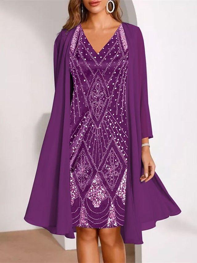 Women's Dress - Dress Set Two Piece Dress Church Dress Midi Dress Black Wine Purple Long Sleeve Geometric Print Summer Spring Fall V Neck Fashion Wedding Guest Spring Dress 2023 M L XL XXL 3XL