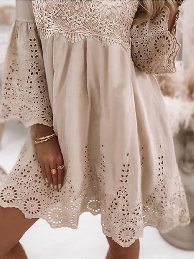 Women's Dress - Casual Dress Lace Dress Summer Dress Plain Lace Hollow Out U Neck Mini Dress Fashion Streetwear Outdoor Daily 3/4 Length Sleeve Loose Fit White Green Apricot Summer Spring S M L XL XXL