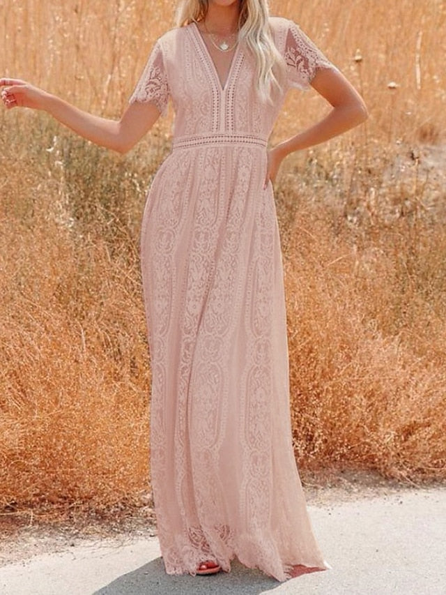 Women's Dress - Party Dress Lace Dress White Dress Long Dress Maxi Dress White Pink Half Sleeve Pure Color Lace Spring Summer V Neck Elegant Party 2023 S M L XL XXL