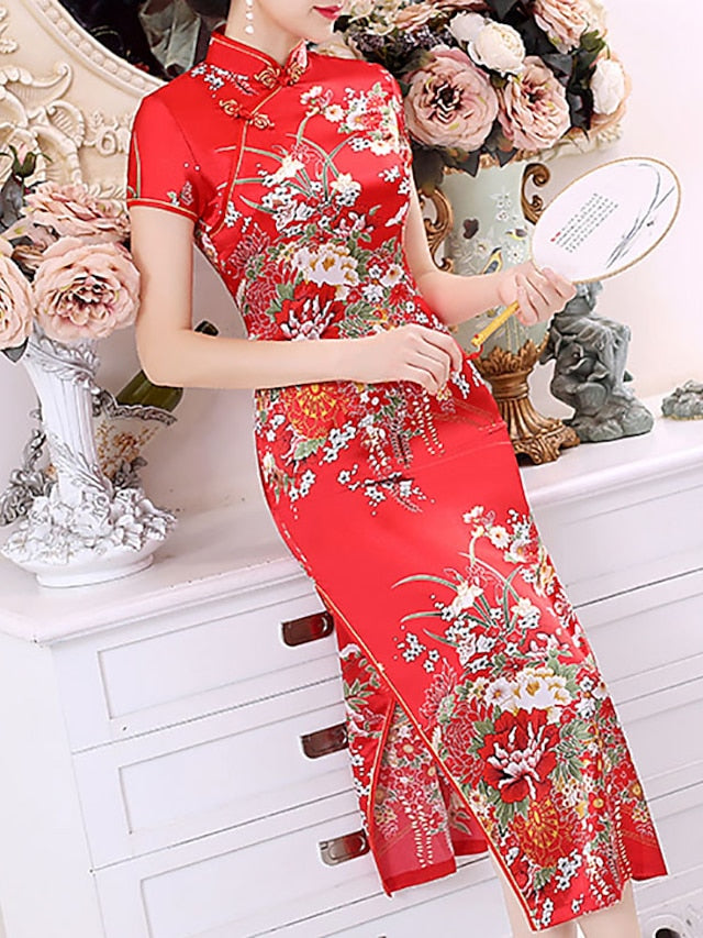 Women's Dress - Cheongsam Floral Mandarin Collar Chinoiserie Dress Long Dress Maxi Dress Light Pink Black Blue Short Sleeve Spring Summer Weekend S M L XL XXL 3XL 4XL 5XL 6XL
