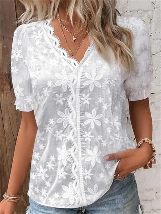 Lace Shirt Blouse White Lace Shirt Women's White Solid / Plain Color Lace Daily Elegant V Neck S