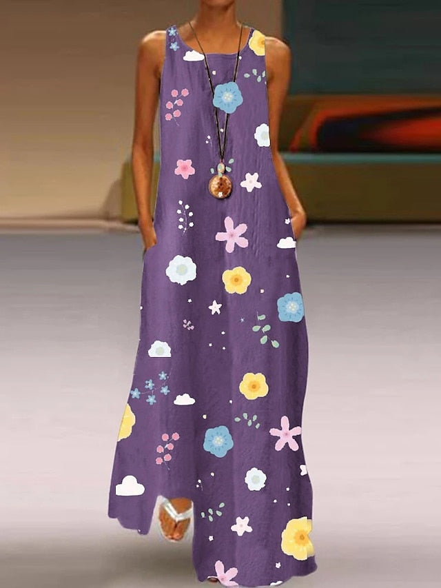 Women's Dress - White Dress A Line Dress Long Dress Maxi Dress Daisy Yellow Leaves white Butterfly white Sleeveless Floral Pocket Summer Spring Crew Neck Casual 2023 S M L XL XXL 3XL 4XL