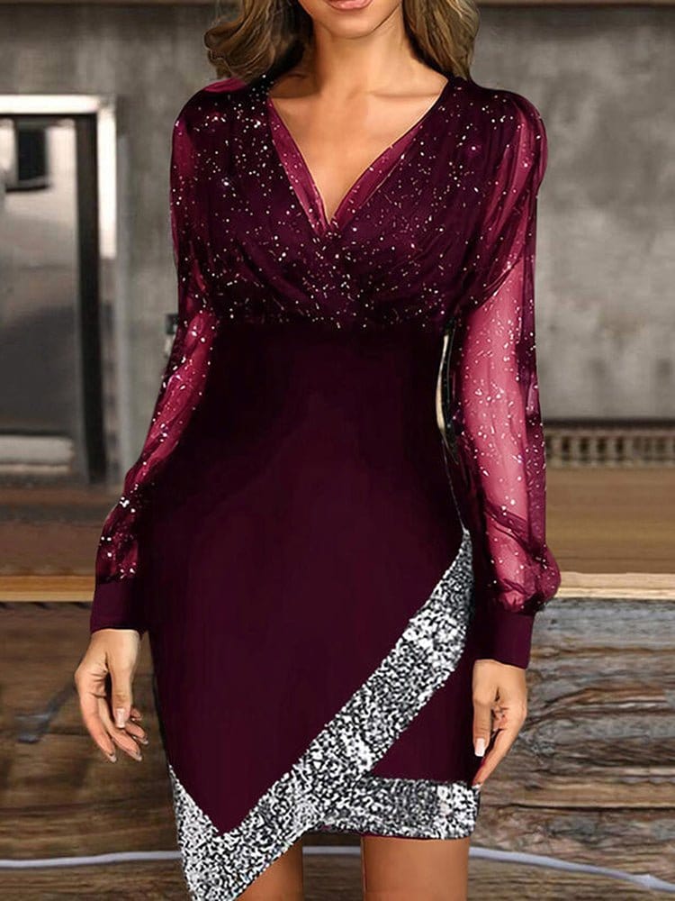 V Neck Irregular Mesh Panel Mini Dress