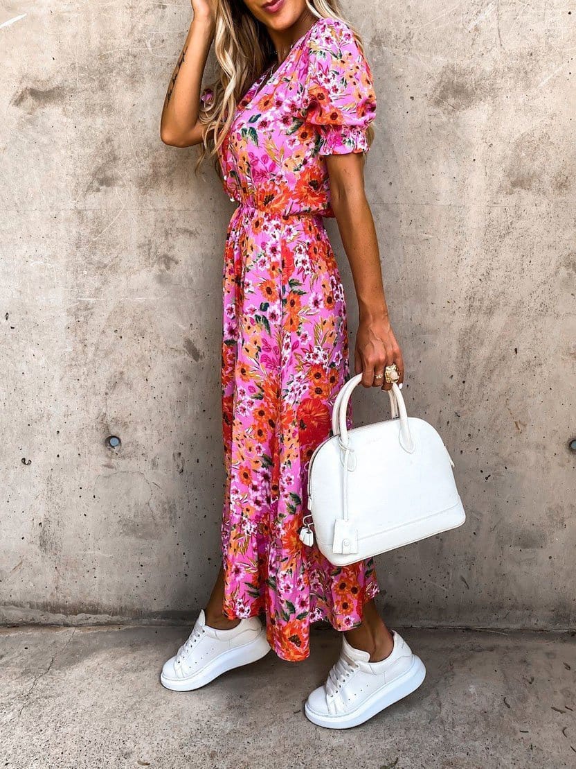 V-neck Print Split Long Dress