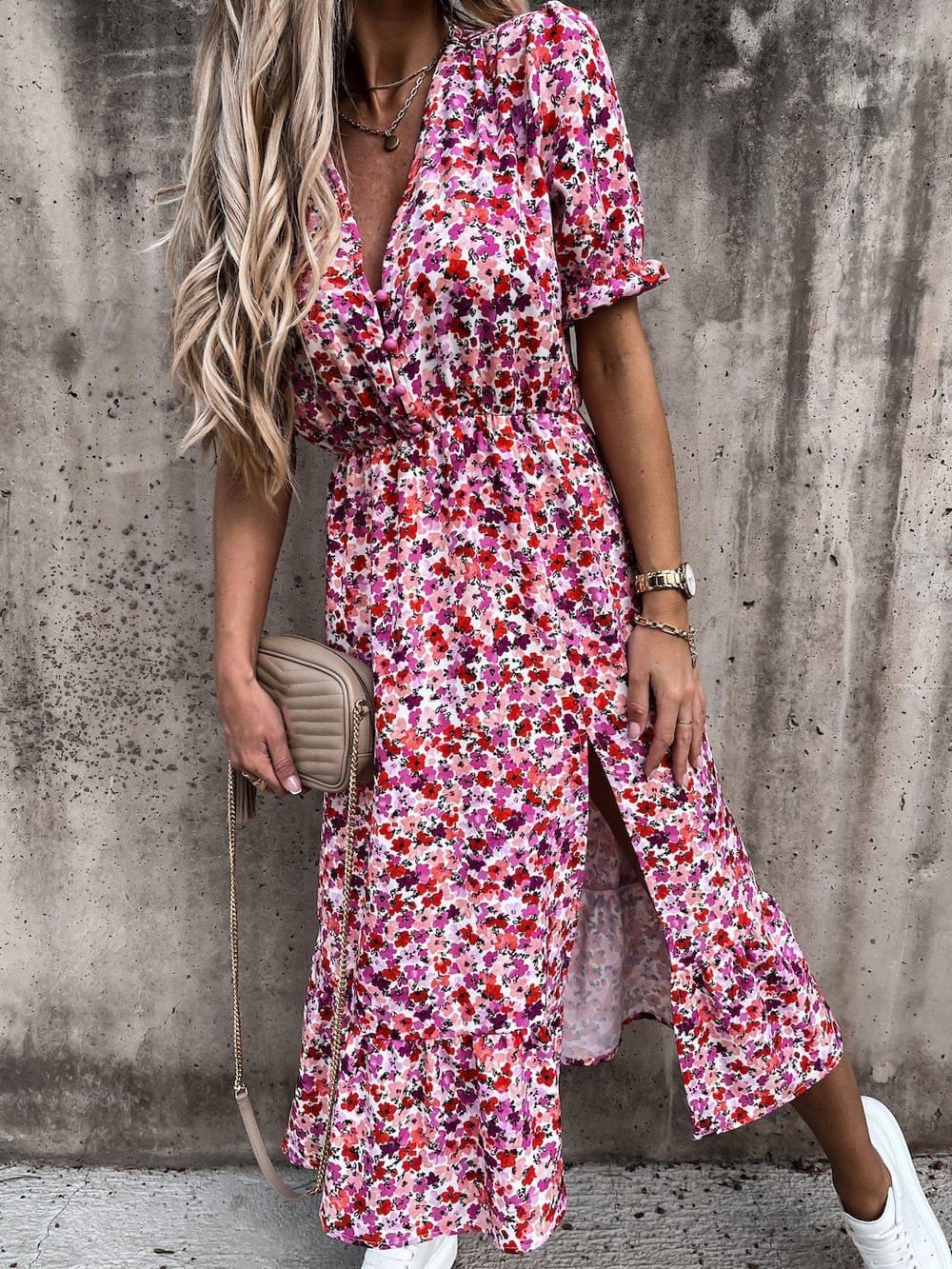 V-neck Print Split Long Dress
