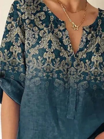 V-Neck Printed Casual Blouse with Long Sleeves