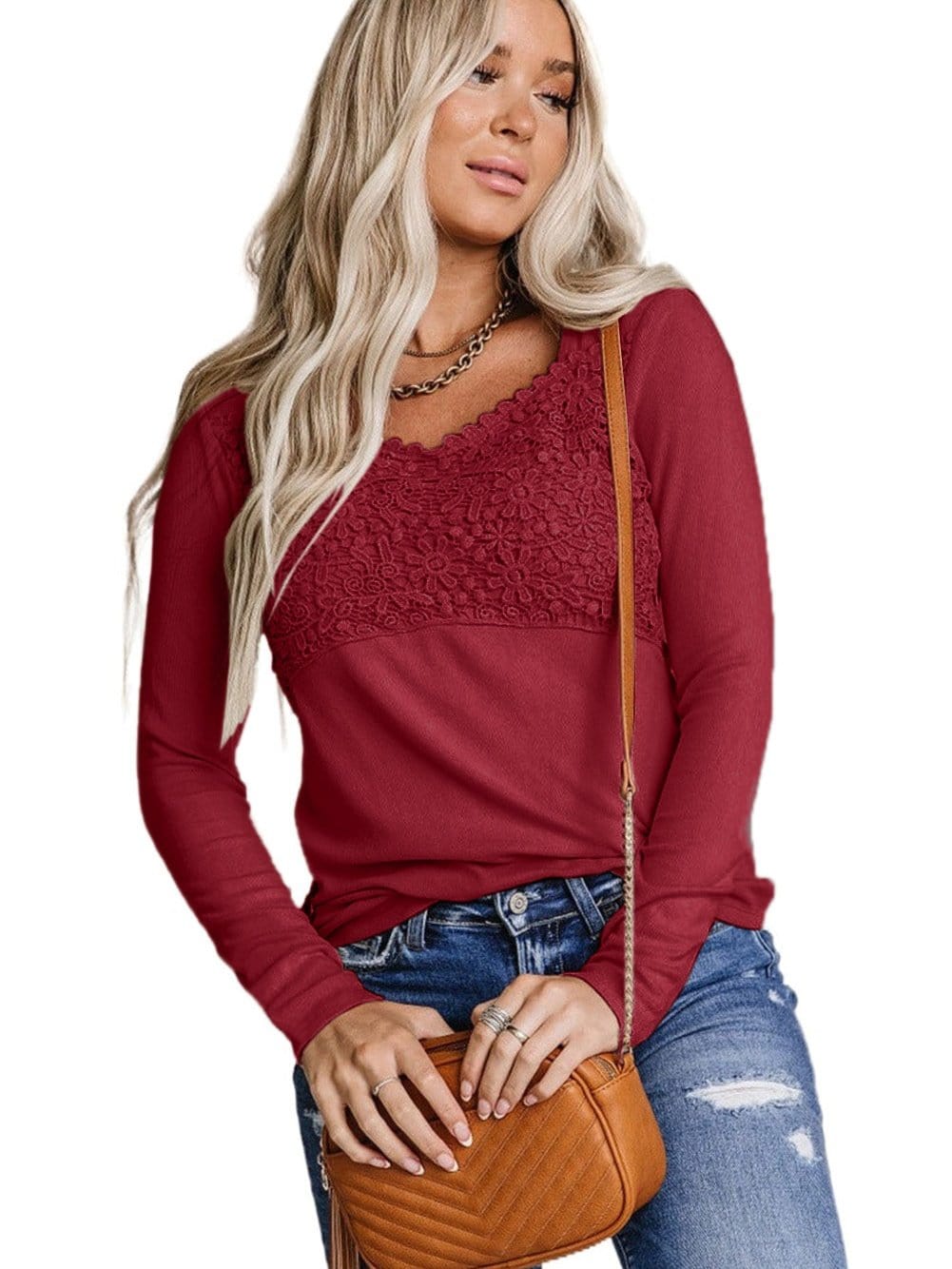 V-Neck Printed Casual Blouse with Long Sleeves