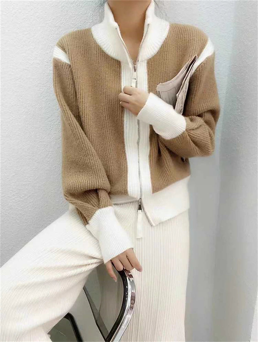 Women's Cardigan Sweater Stand Collar Ribbed Knit Knit Patchwork Zipper Fall Winter Regular Outdoor Daily Going out Stylish Casual Soft Long Sleeve Color Block Black White Green S M L