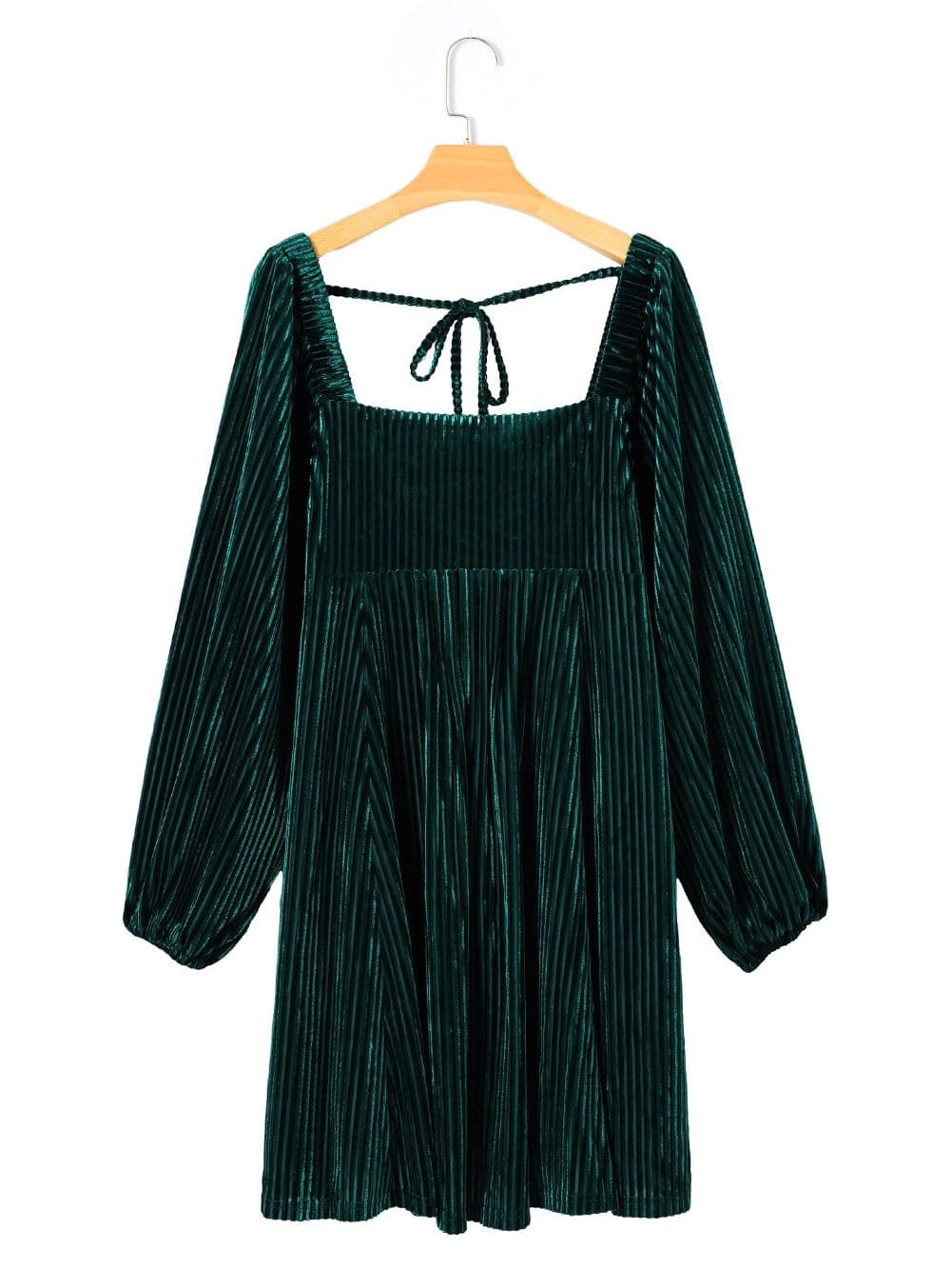Velvet Green Square Neck Babydoll Dress with Tie Back