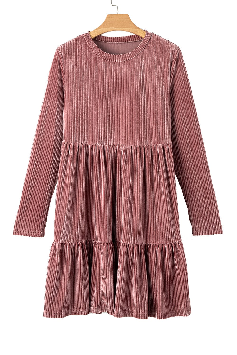 Velvet Pink Tiered Ruffle Shift Dress with Long Sleeves