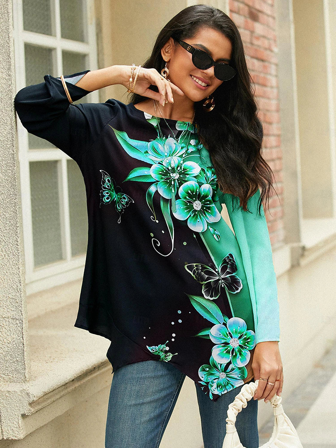 Women's Shirt Blouse Floral Casual Holiday Print Asymmetric Yellow Long Sleeve Round Neck Spring & Fall