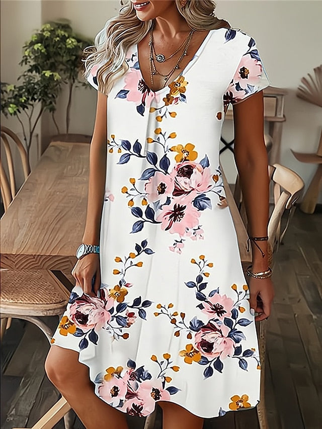Women's Dress - Casual Dress Summer Dress Print Dress Leaf Floral Print V Neck Midi Dress Fashion Modern Outdoor Daily Short Sleeve Regular Fit Black White Yellow Summer Spring S M L XL XXL