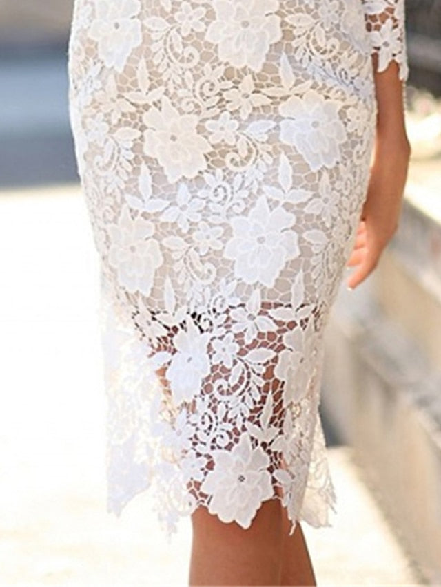 Women's Dress - Party Dress Wedding Guest Dress Lace Dress White Dress Knee Length Dress White 3/4 Length Sleeve Pure Color Lace Fall Spring Summer Crew Neck Party Party Vacation 2022 S M L XL