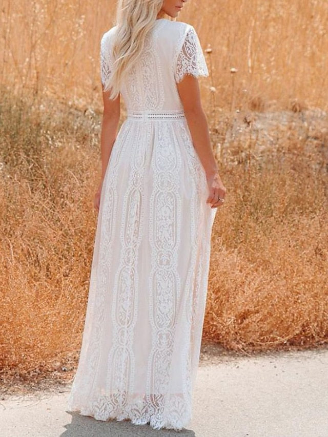 Women's Dress - Party Dress Lace Dress White Dress Long Dress Maxi Dress White Pink Half Sleeve Pure Color Lace Spring Summer V Neck Elegant Party 2023 S M L XL XXL