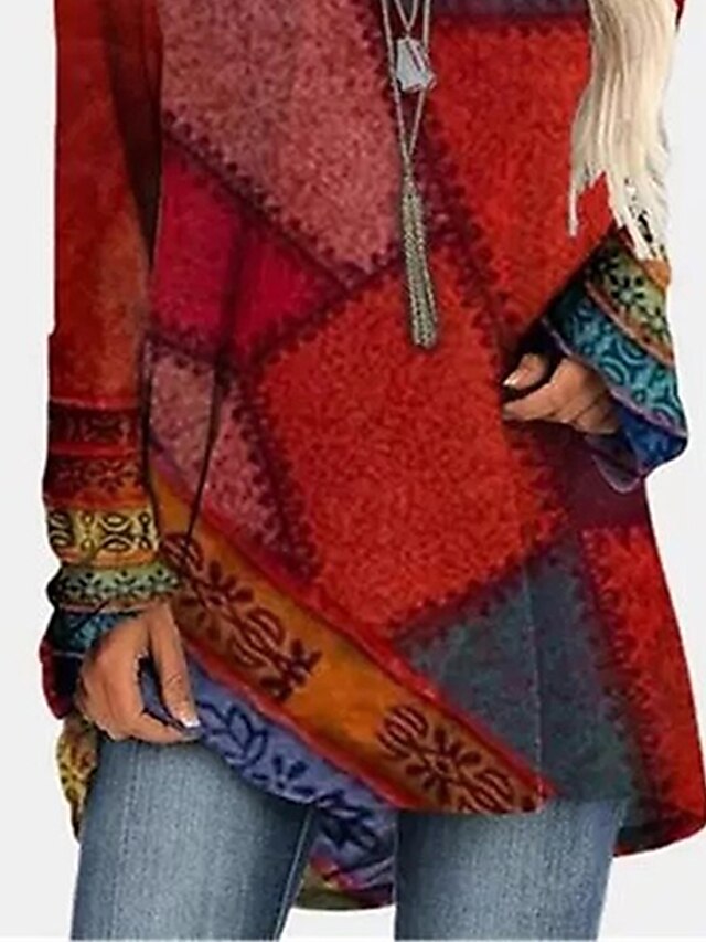 Women's Dress - T Shirt Dress Tee Dress Mini Dress Red Blue Green Long Sleeve Color Block Print Fall Spring Crew Neck Casual Winter Dress Fall Dress Loose Fit 2023 S M L XL 2XL 3XL