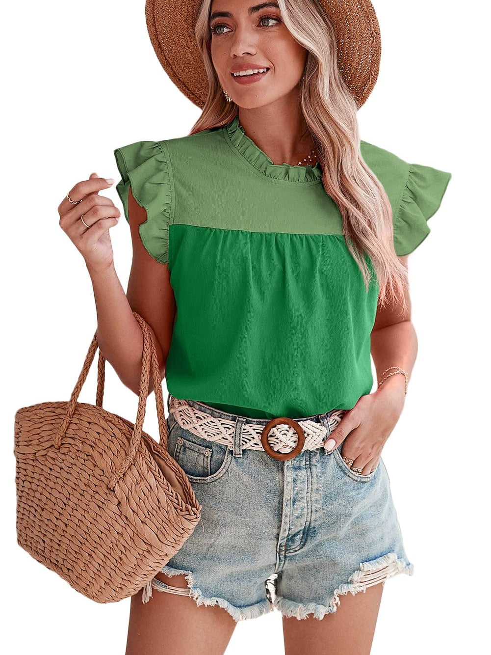 Vibrant Green Dual Tone Frilled Flutter Sleeve Top