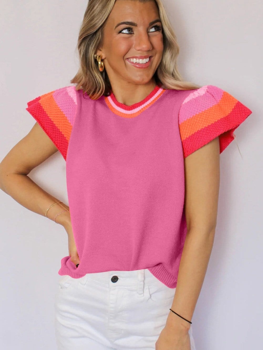Vibrant Pink Ruffle Sleeve Knit Sweater Tee