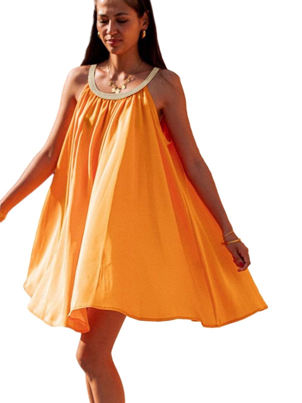 Vibrant Tangerine Boho Woven Neckline Sleeveless Mini Dress