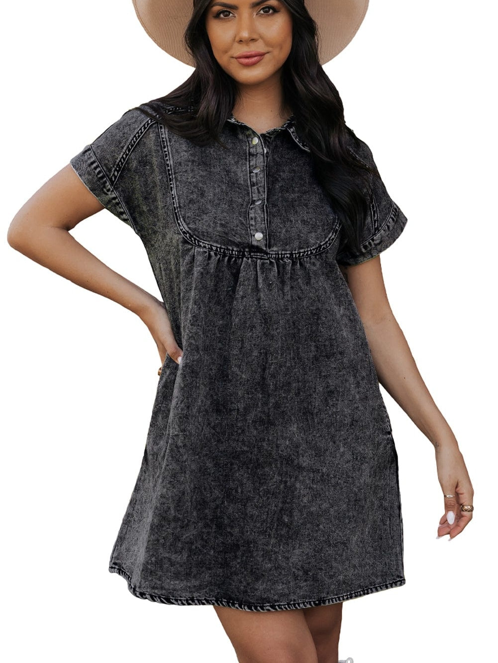 Vintage Black Denim Shirt Dress with Acid Wash Detail