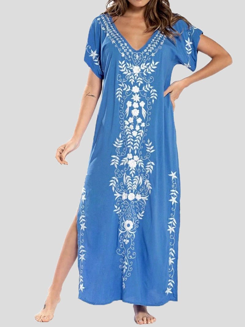 Vintage Print V-Neck Maxi Dress with Slit