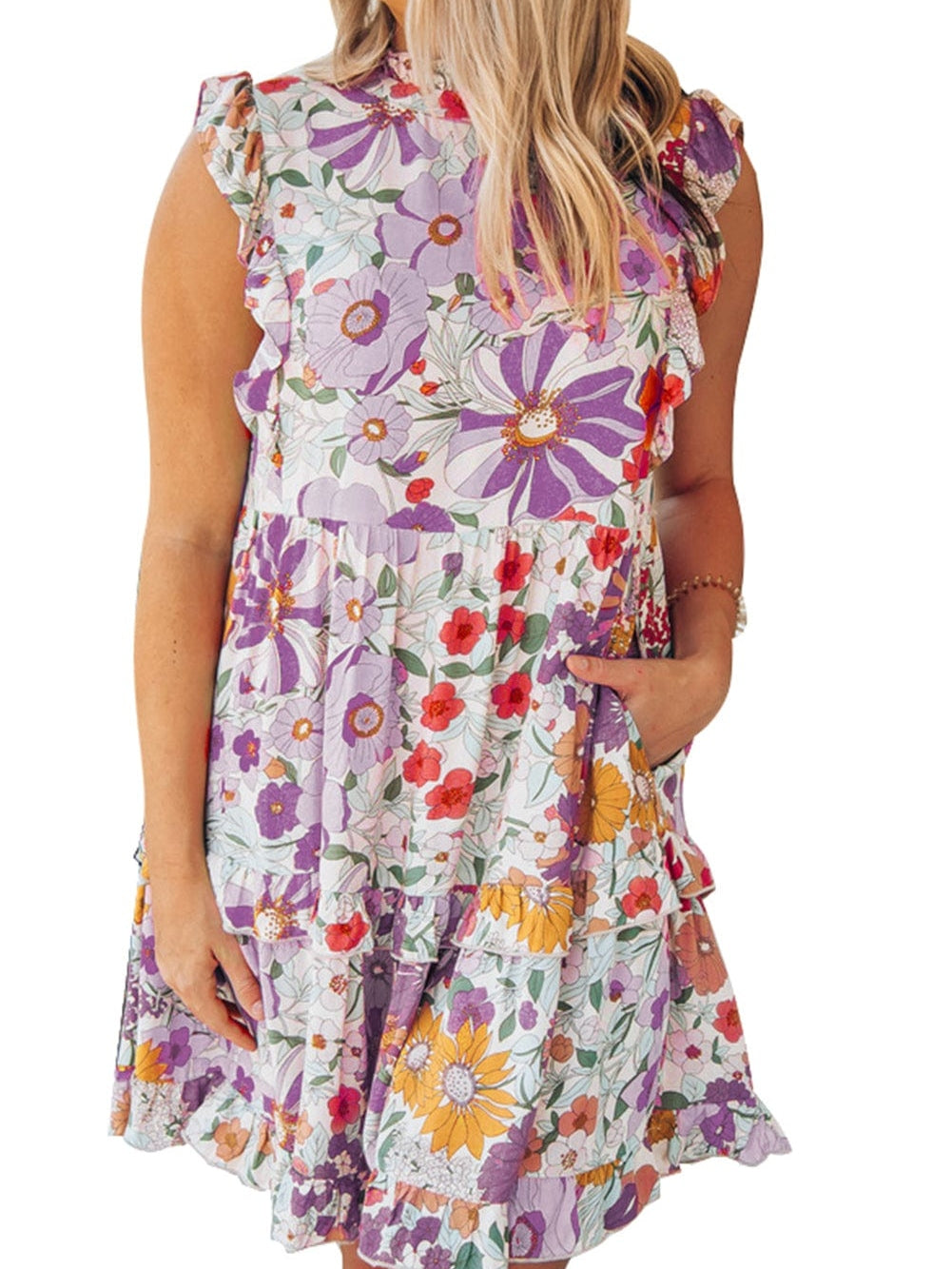 Violet and White Frilled Tank Dress with Floral Pattern