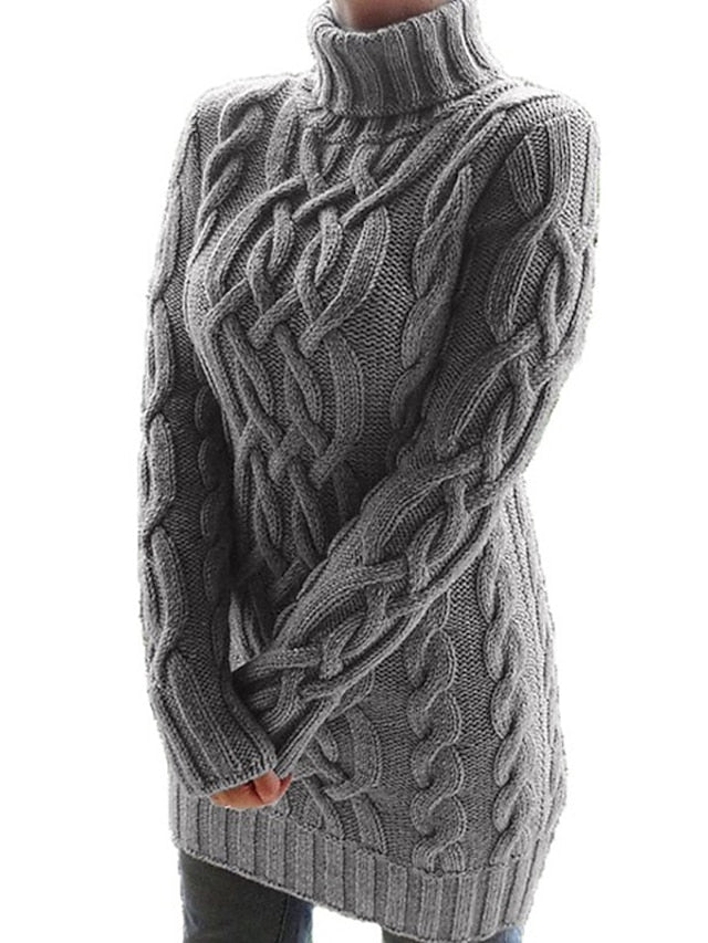 Women's Dress - Sweater Dress Winter Dress Purple Khaki Gray White Black Long Sleeve Pure Color Patchwork Jacquard Winter Fall Turtleneck Casual S M L XL Winter Dress