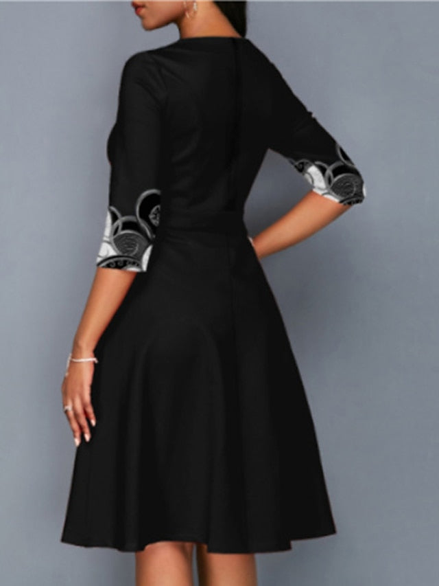Women's Dress - Casual Dress Church Dress Midi Dress Black Yellow Pink Long Sleeve Print Print Winter Autumn Crew Neck Stylish Winter Dress Fall Dress 2023 S M L XL XXL 3XL 4XL 5XL