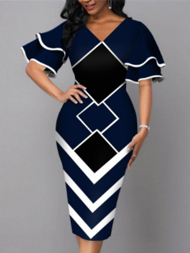 Women's Dress - Bodycon Sheath Dress Modern Dress Midi Dress Yellow Wine Royal Blue Half Sleeve Print Ruffle Summer Spring V Neck Stylish 2023 S M L XL XXL 3XL 4XL 5XL