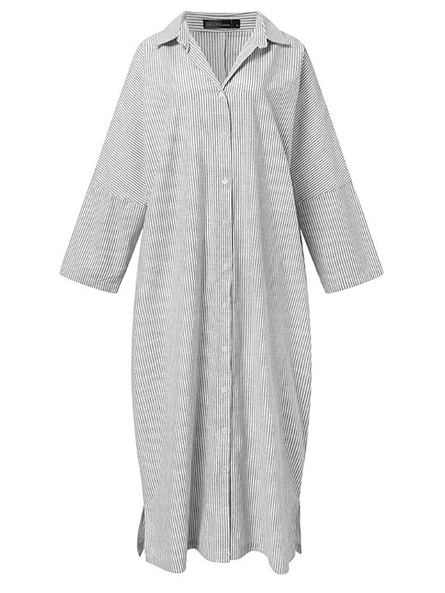 Women's Dress - Casual Dress Cotton Dress Shift Dress Maxi long Dress Cotton Basic Casual Outdoor Winter Dress Daily Shirt Collar Button Split Long Sleeve Summer Winter Fall Spring 2023 Black White Blue