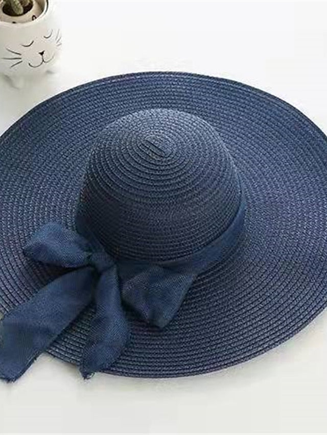 Ladies Summer Ribbon Hats Elegant Straw Hats For Women Beach Seaside Vacation Foldable Sun Hat Sun Floppy Visor - LuckyFash™