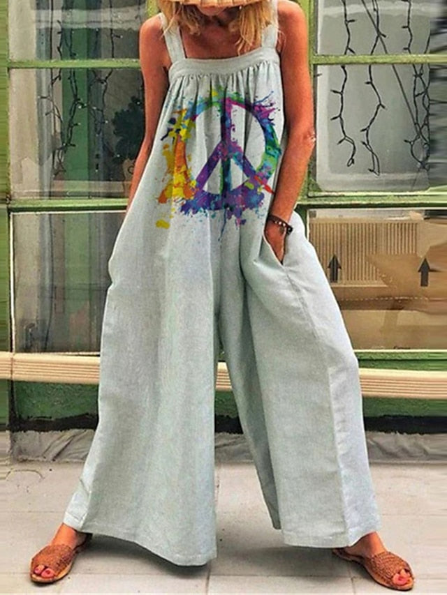 Women's Jumpsuits Casual Summer Overall Pocket Print Floral Square Neck Casual Street Daily Wide Leg Regular Fit Sleeveless Green Blue Pink S M L Spring - LuckyFash™