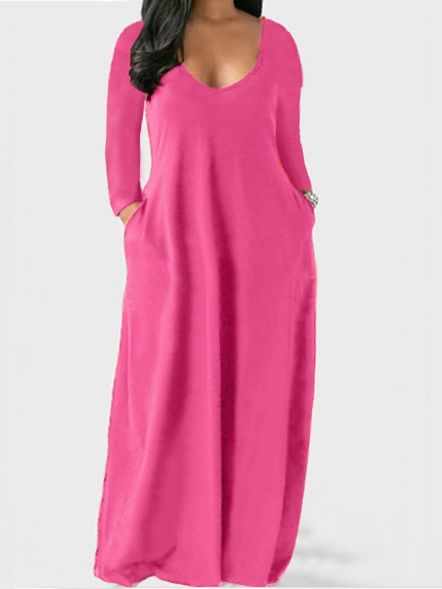 Women's Dress - Plus Size Shift Dress Solid Color Boat Neck Long Sleeve Spring Fall Basic Casual Maxi long Dress Daily Vacation Dress
