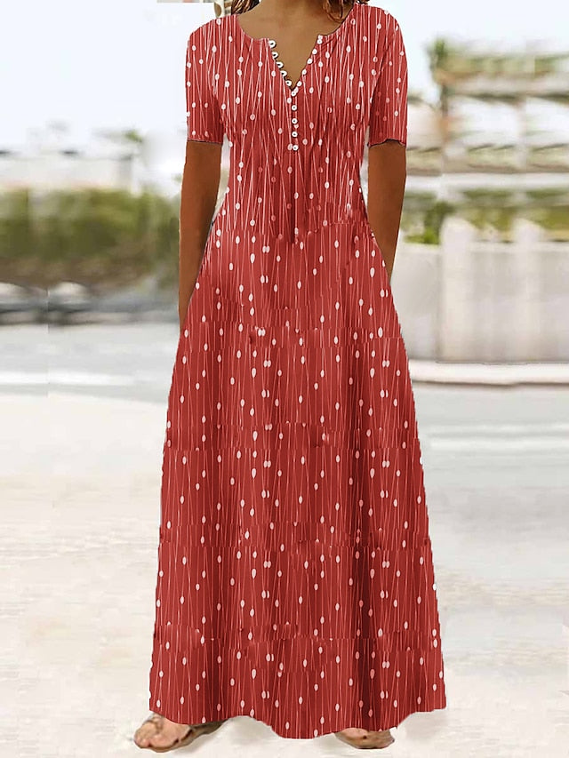 Women's Dress - Long Dress Maxi Dress Casual Dress A Line Dress Print Dress Graphic Streetwear Casual Daily Holiday Vacation Button Pocket Short Sleeve V Neck Dress Regular Fit Red Blue Dark Blue Summer