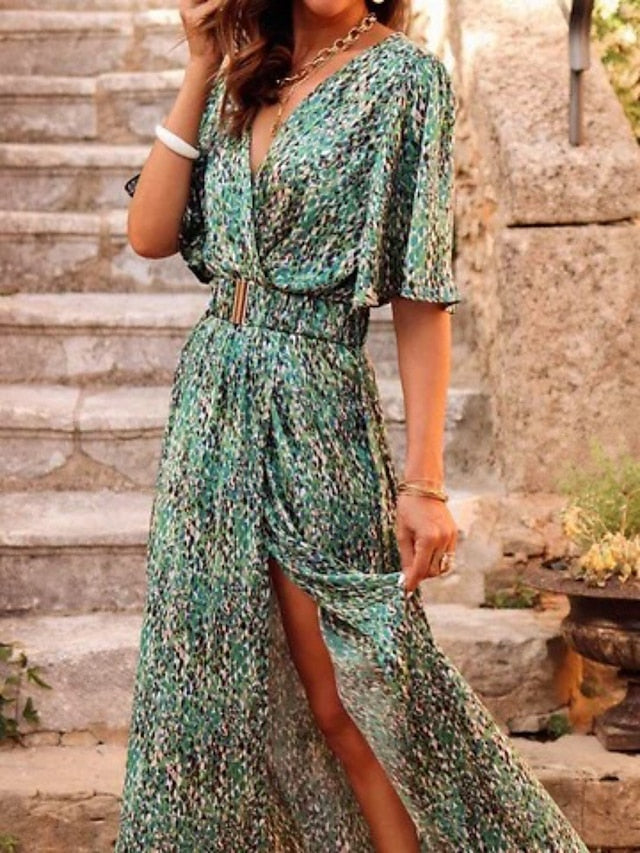 Women's Dress - Long Dress Maxi Dress Casual Dress Floral Dress Boho Dress Floral Casual Outdoor Daily Going out Lace up Split Long Sleeve V Neck Dress Loose Fit Black Red Green Fall Spring S M L XL XXL