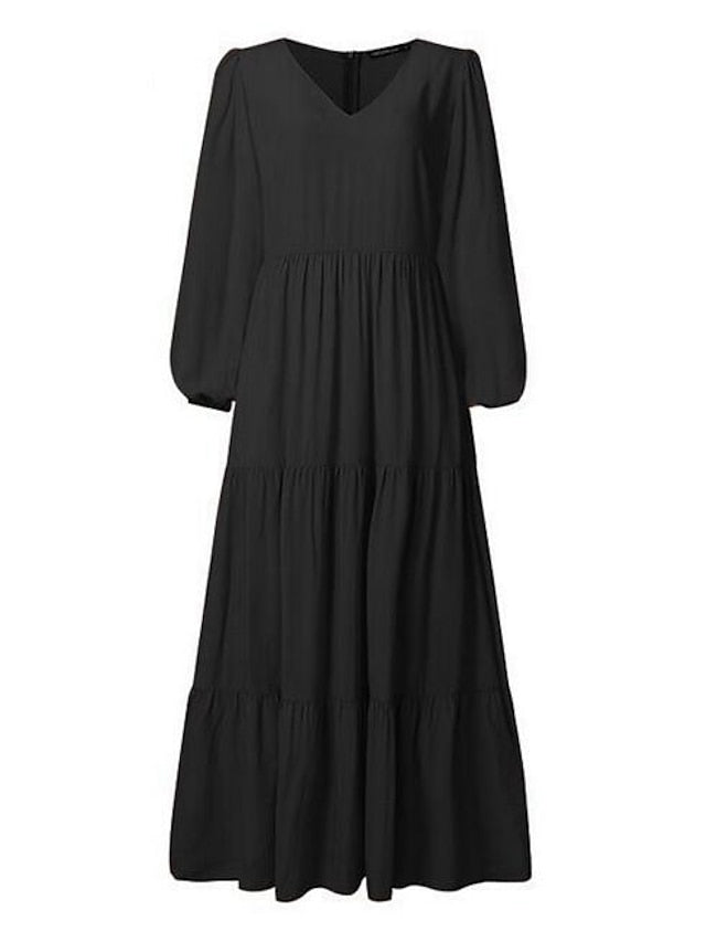 Women's Dress - Swing Dress Long Dress Maxi Dress Dark Green Brown Black Long Sleeve Pure Color Ruched Pleated Patchwork Fall Spring V Neck Boho Casual Fall Dress Lantern Sleeve Loose Fit M L XL XXL XXXL 4XL