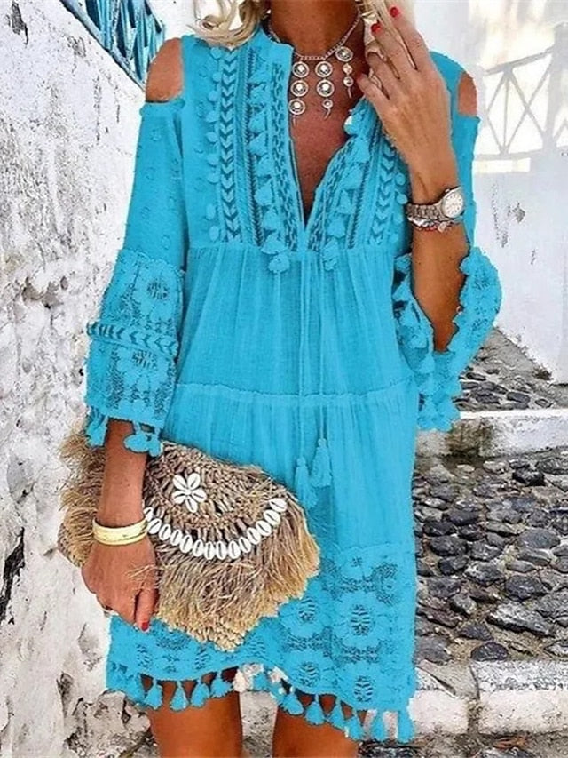 Women's Dress - Shift Dress Boho Dress Mini Dress White Yellow Pink 3/4 Length Sleeve Pure Color Tassel Fringe Summer Spring V Neck Vacation Loose Fit 2023 S M L XL XXL 3XL 4XL 5XL