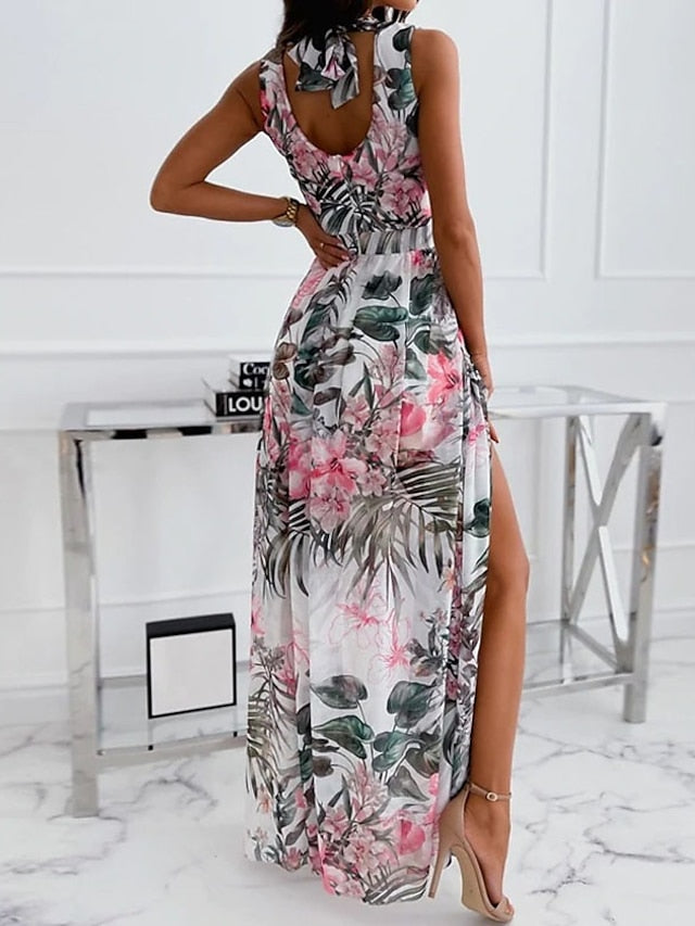 Women's Dress - Swing Dress Long Dress Maxi Dress Pink White Sleeveless Floral Split Spring Summer V Neck Weekend 2023 S M L XL XXL