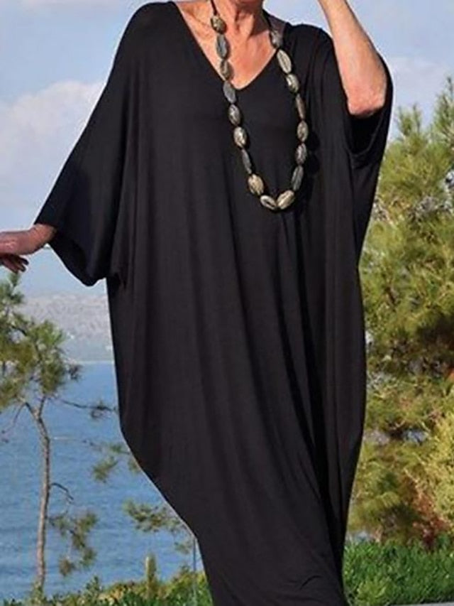 Women's Dress - Pure Color Kaftan Dress Casual Dress Swing Dress Long Dress Maxi Dress Black 3/4 Length Sleeve Fall Autumn V Neck Basic Weekend Loose Fit S M L XL XXL XXXL