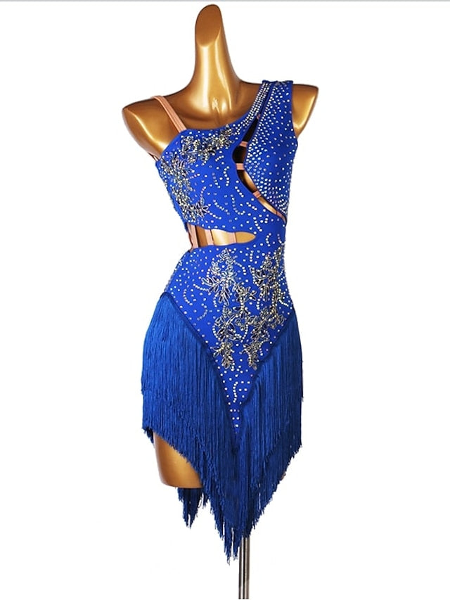 Latin Dance Dress Tassel Split Joint Crystals / Competition Dress Rhinestones Women's Performance Sleeveless Chinlon - LuckyFash™