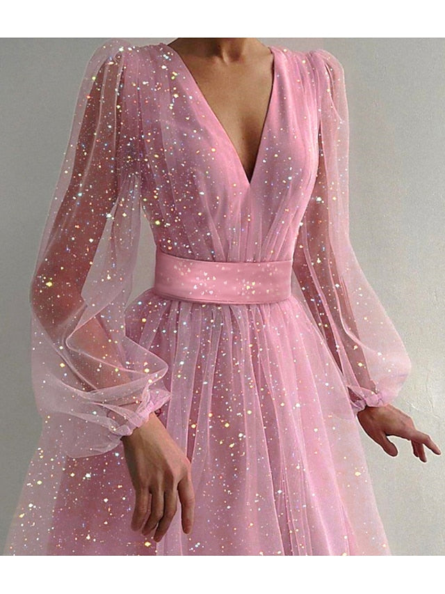 Women's Dress - Party Dress Wedding Guest Swing Dress Midi Dress Pink Short Sleeve Pure Color Sequins Mesh Spring Fall V Neck Hot Elegant Romantic Party 2023 S M L XL