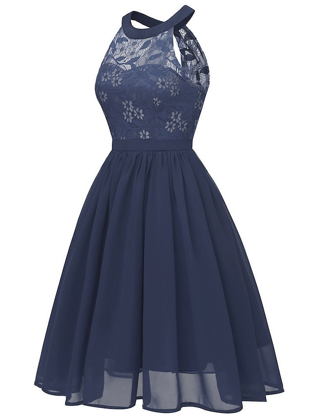 Women's Dress - Party Dress Wedding Guest Lace Dress A Line Dress Midi Dress Pink Wine Navy Blue Sleeveless Pure Color Lace Summer Spring Halter Party Slim 2023 S M L XL XXL