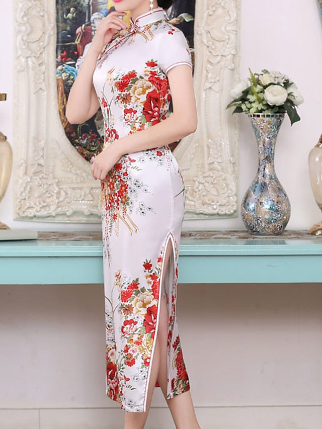 Women's Dress - Cheongsam Floral Mandarin Collar Chinoiserie Dress Long Dress Maxi Dress Light Pink Black Blue Short Sleeve Spring Summer Weekend S M L XL XXL 3XL 4XL 5XL 6XL