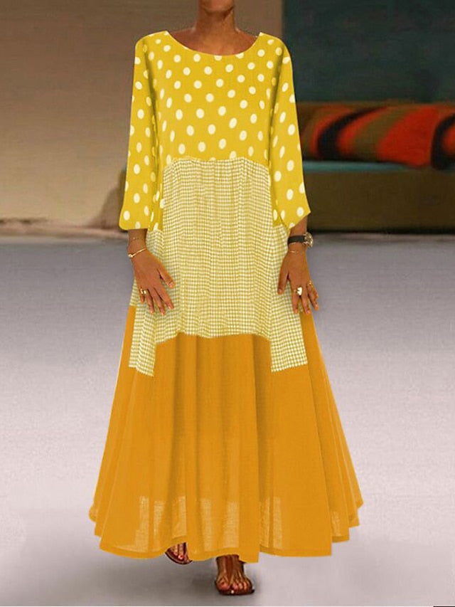 Women's Dress - A Line Dress Maxi long Dress Black Yellow Red Long Sleeve Polka Dot Patchwork Summer Spring Crew Neck Hot Winter Dress Fall Dress Loose Fit 2023 M L XL XXL 3XL 4XL 5XL