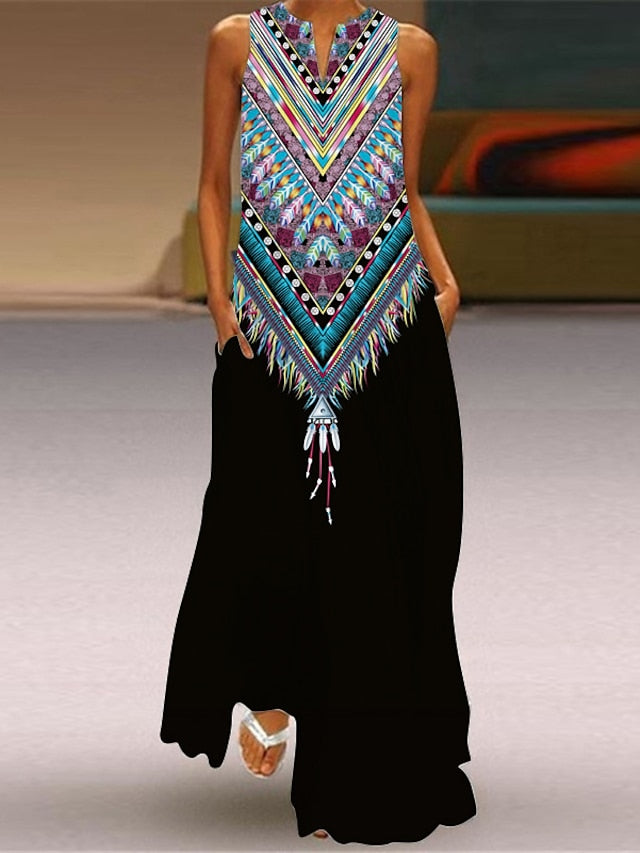 Women's Dress - A Line Dress Maxi long Dress Black Sleeveless Floral Leopard Print Summer V Neck Stylish 2023 5XL