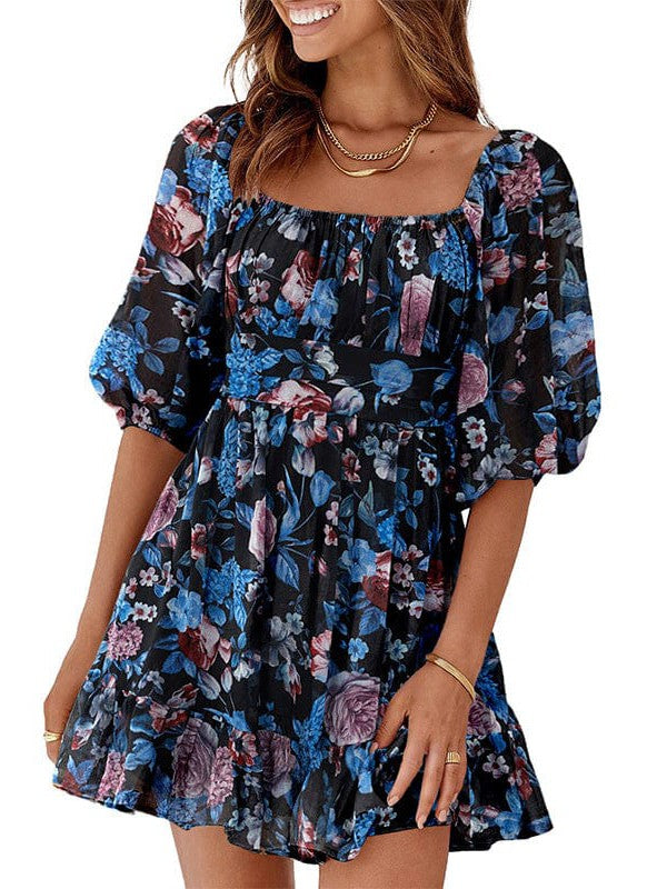 Waisted one-shoulder floral dress with lantern sleeves